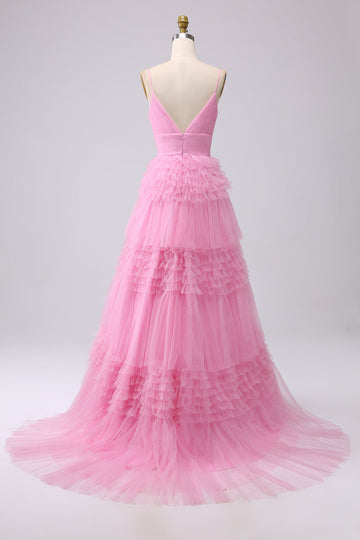 Pink Princess Tiered Spaghetti Straps Prom Dress with Slit